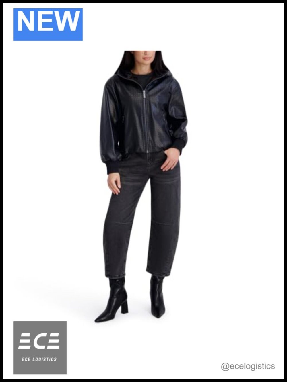 Hooded Faux Leather Bubble Hem Jacket Zip Front